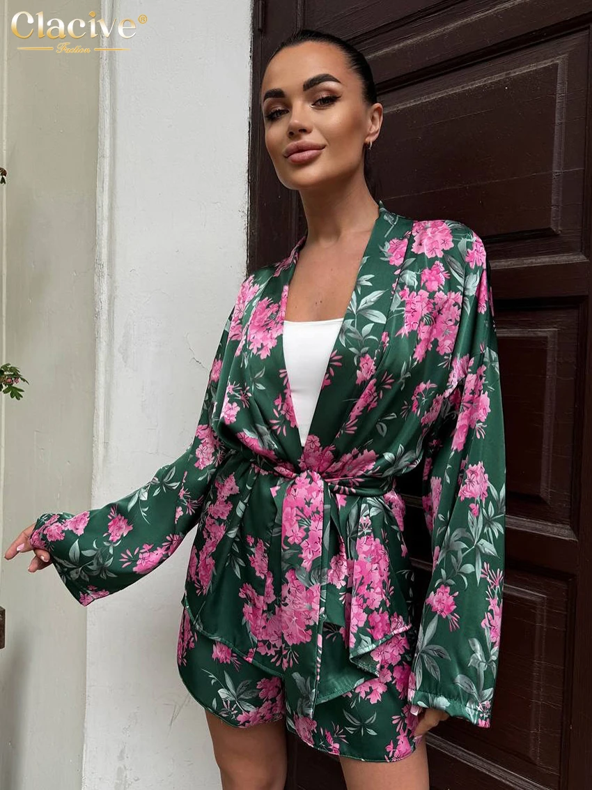 

Clacive Fashion Loose Print Home Shorts Sets Woman 2 Pieces 2026 Elegant Long Sleeve Robes With High Waist Shorts Set Female