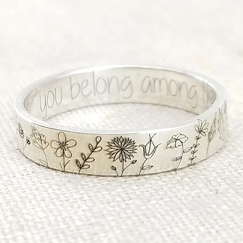 Cute Carving Pastoral Dandelion Flower Finger Rings for Women Accessories Fashion "you belong among the wildflowers"Letter Rings image 3