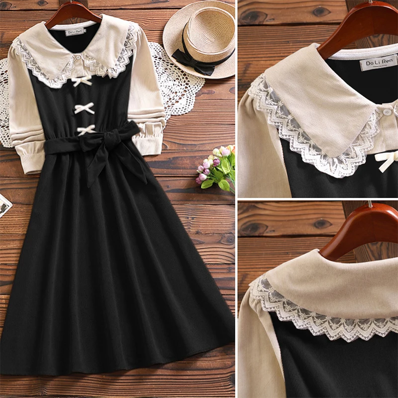 Mori girl elegant corduroy dress new winter fashion long sleeve women sweet vestidos