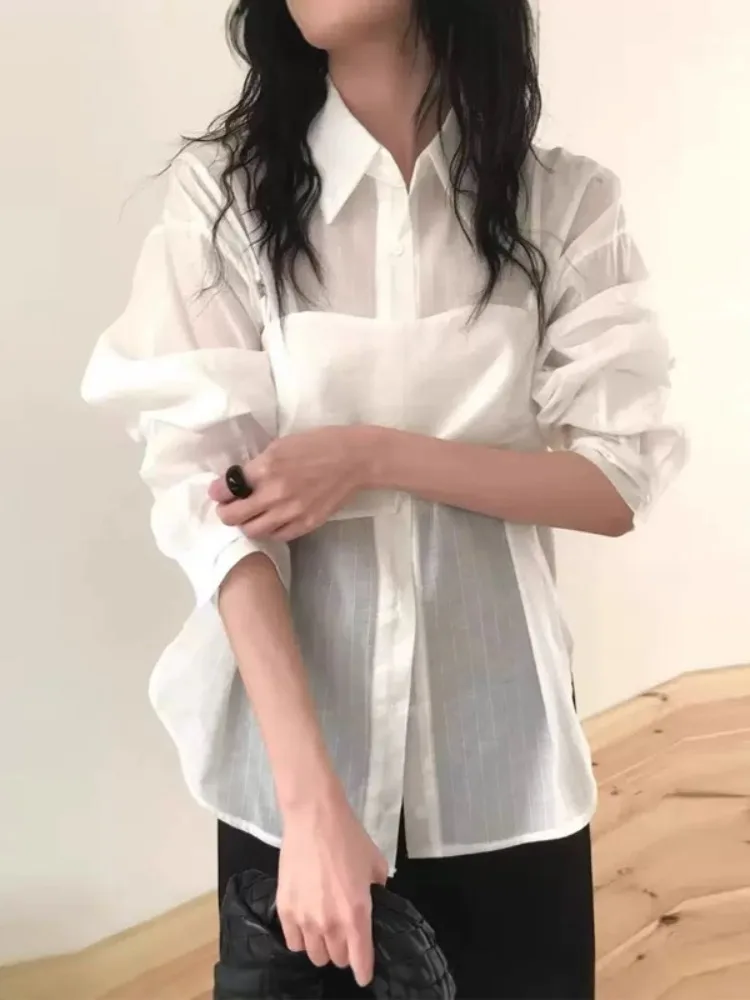 

Женская мягкая, легкая, микро-прозрачная блузка в тонкую полоску для ранней осени, новая, с поясом, для многослойного ношения, с бретельками