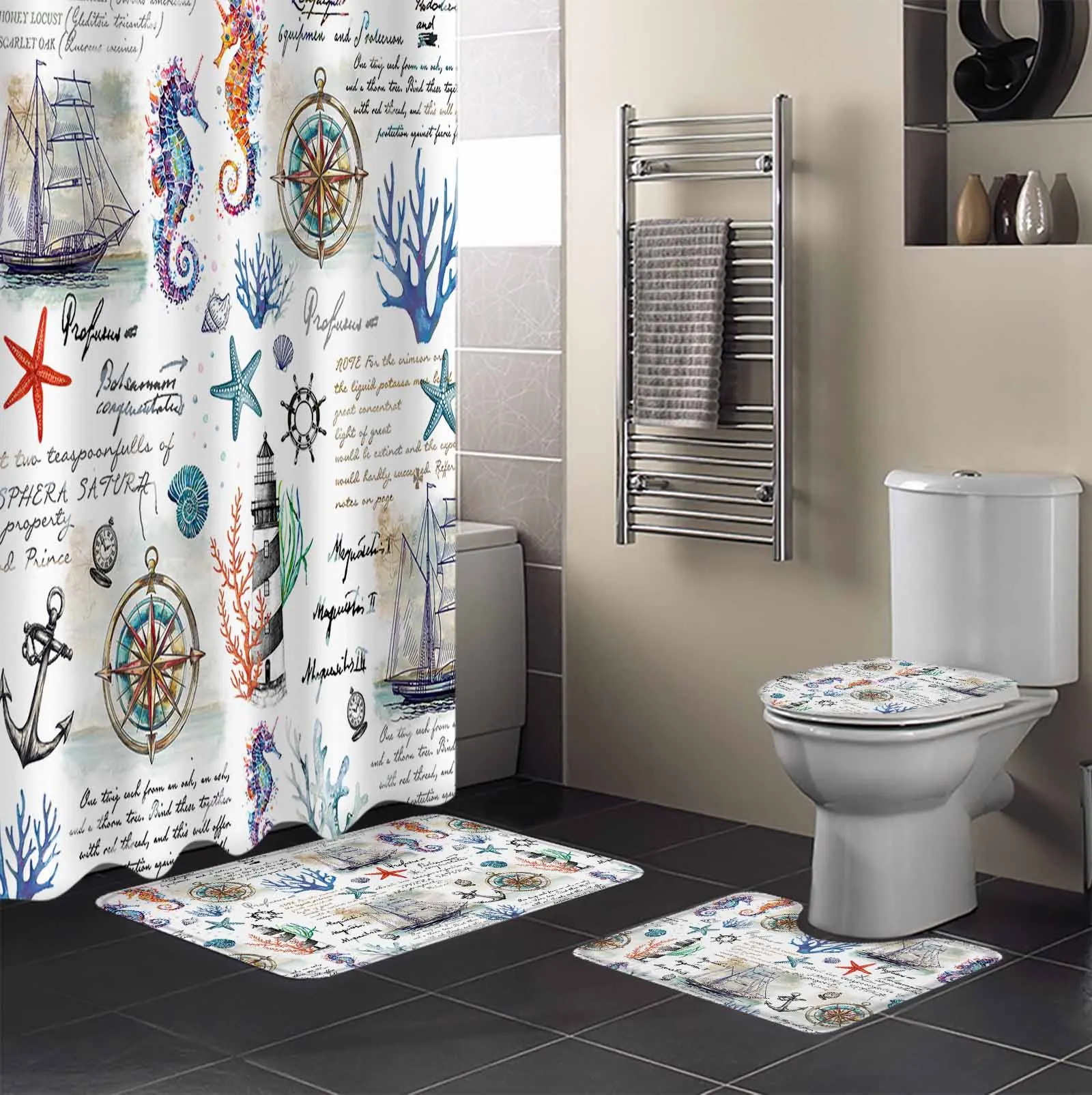 Ocean Plant Coral Sailboat Anchor Shower Curtain Set Non-Slip Rugs Bath Mat Toilet Lid Cover Waterproof Bathroom Curtain