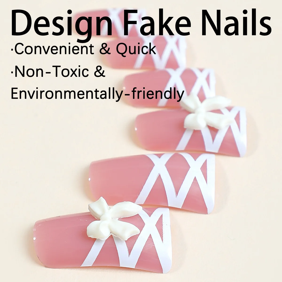 French Duckbill Shaped Fake Nails with White Bowknot Silk Ribbon Design False Nails Korean Sweet Pink Square Head Press On Nails