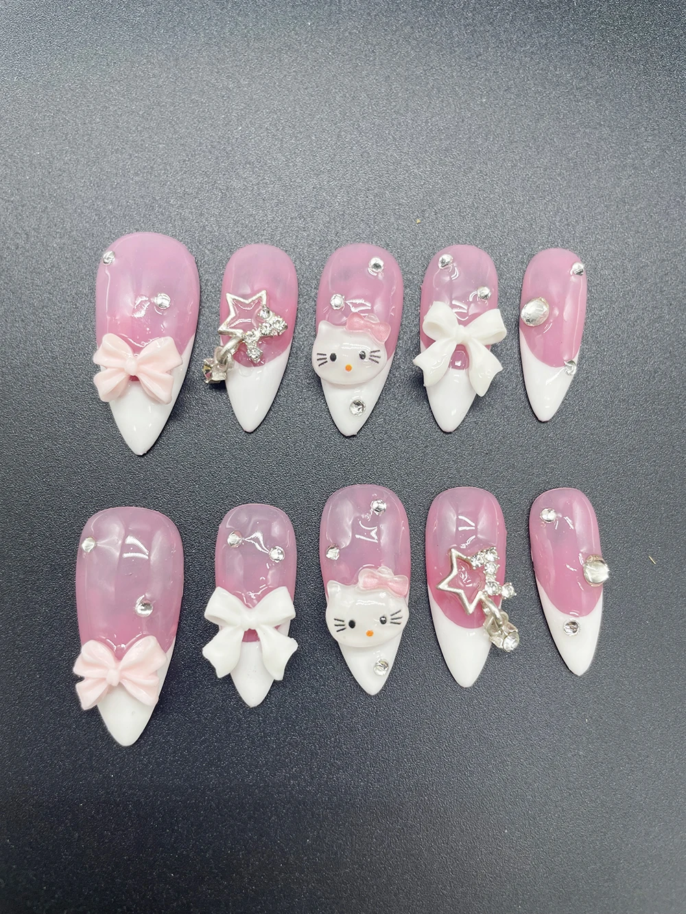 

Long Almond 3D Hello Kitty False Nails Sticker Pink White French Bow Star Diamond Handmade Press On Nails Wholesale