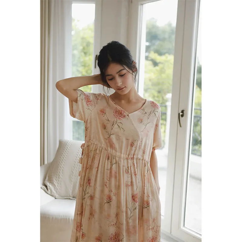Women Summer Short Sleeves Cotton Printing Nightdress Rayon Satin V-Neck Mid-Calf Nightgowns Loose Design Sleepwear Nightie New