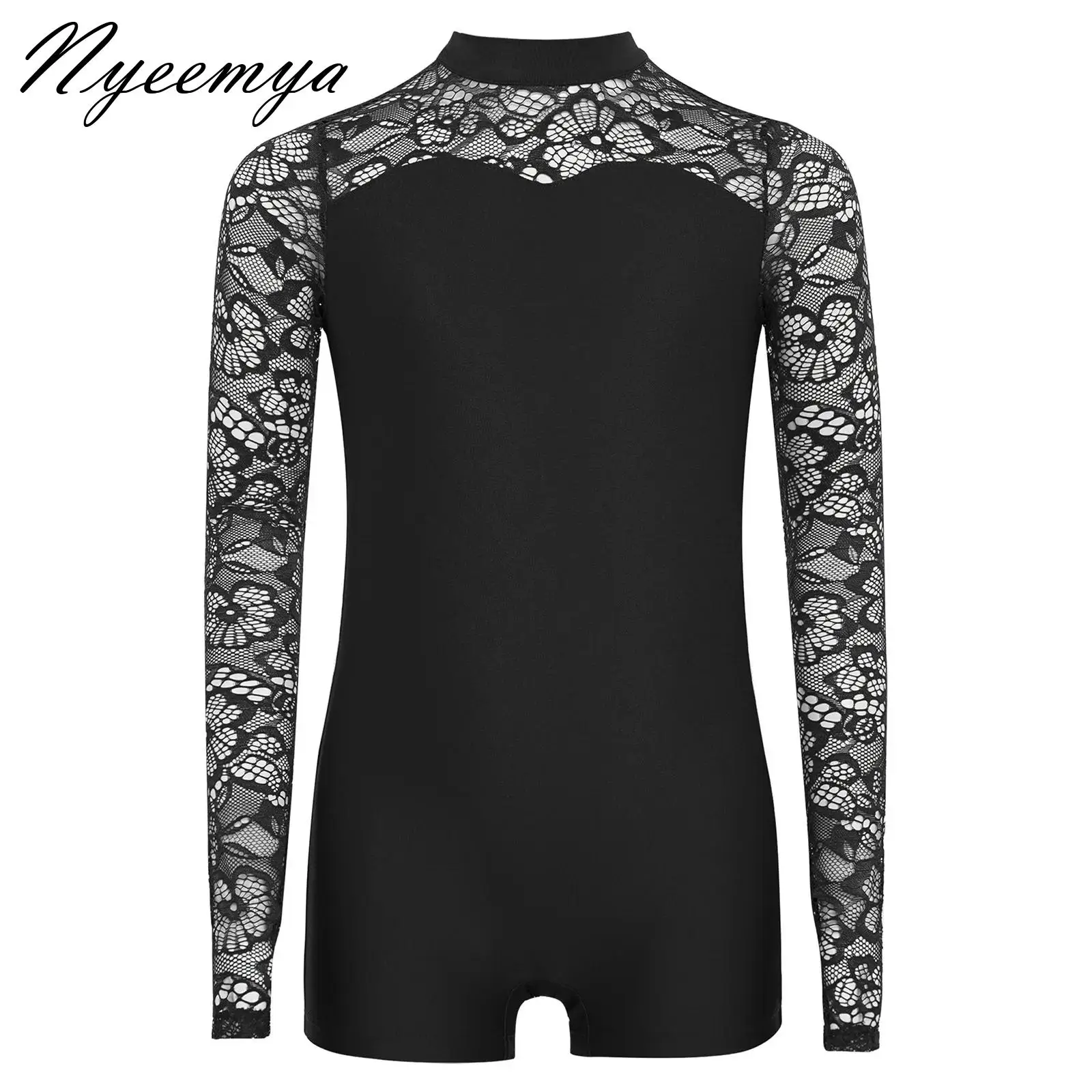 

Kids Girls Lace Patchwork Long Sleeves Leotard Keyhole Back Ballet Jumpsuit Gymnastics Skating Dance Costume Training Bodysuit