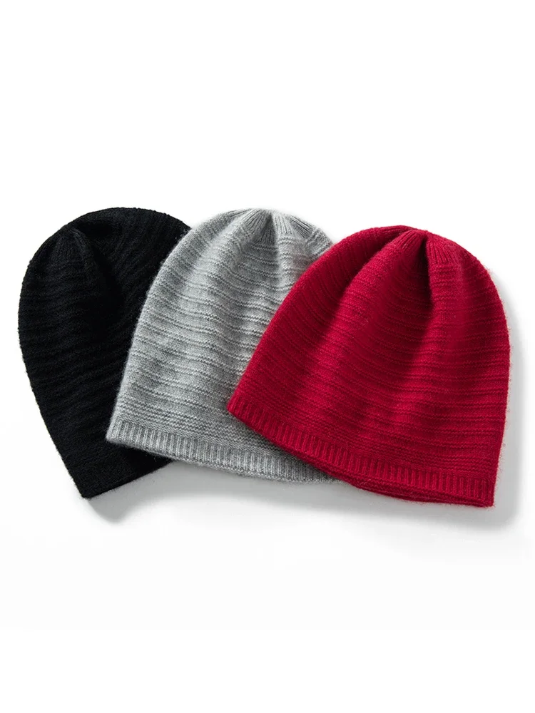 Women Wool Cashmere Ribbed Knitted Beanies Winter Warm Thick Caps Present Hat 2024 Cashmere Warm Big Bonnet Men #009