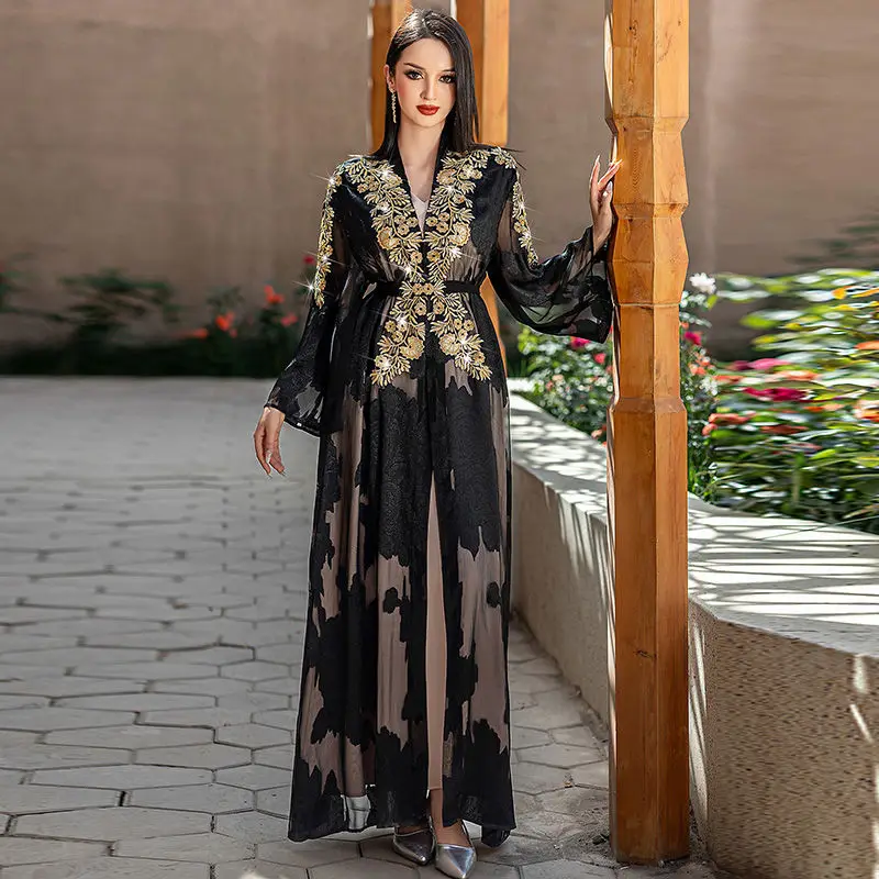 

European and American Fashion Women's Wear Lace Two-Piece Embroidery with Belt Long Sleeve Dress Arabian Exotic Robe