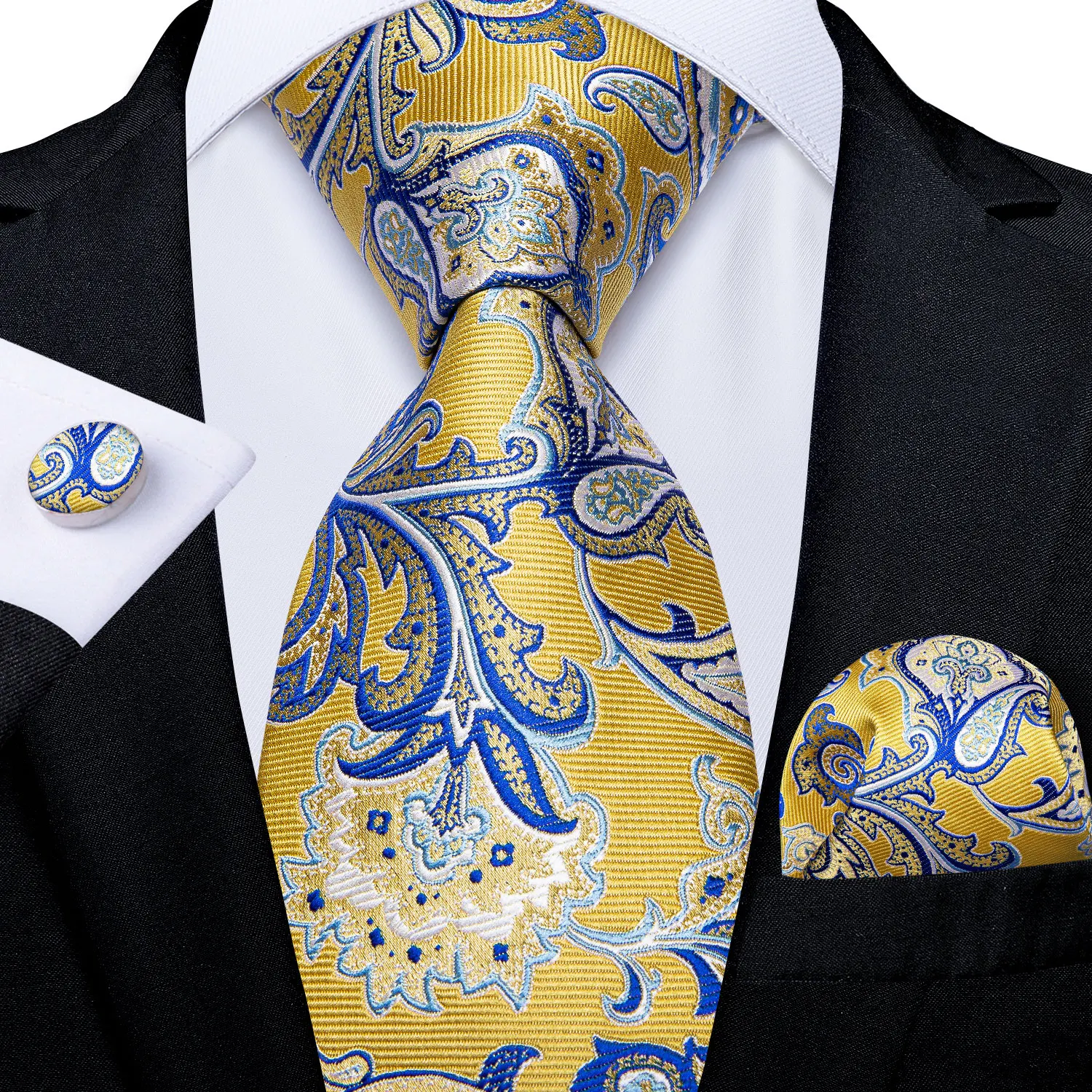 DiBanGu Mens Necktie Gold Yellow Blue Paisley Silk Wedding Tie For Men Tie Hanky Cufflink Set Business Party  Dropshipping