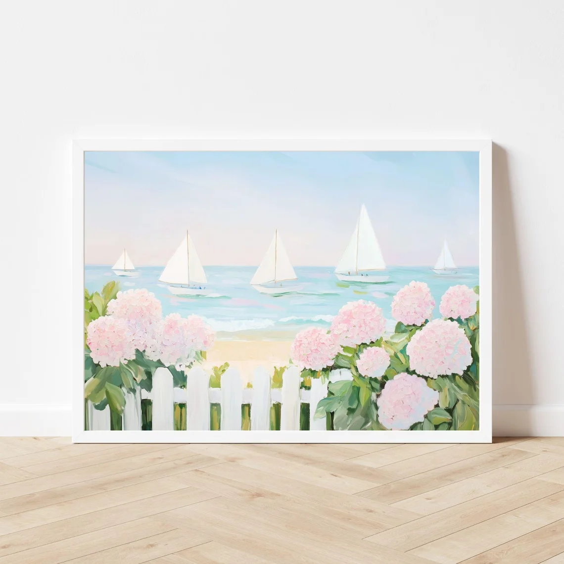 Serene Nautical Hydrangea Wall Print Decor - Soft Oil Painting Style Illustration of Pink Hydrangea Flowers Framing a White Pick