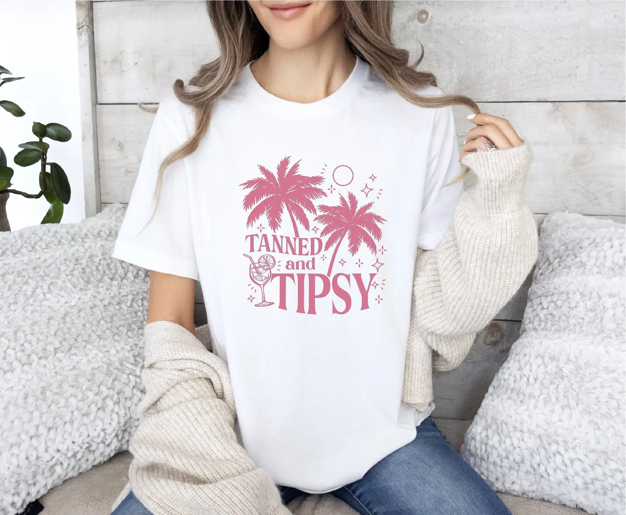 Tanned And Tipsy T Shirt Palm Tree Summer Vacation Beach Drinking Holiday Cruise Girls Trip