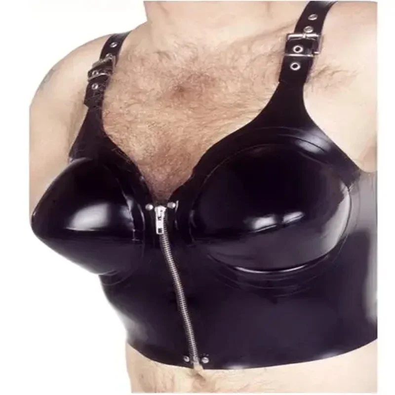 

Sexy Latex Bras with Inflatable Breasts Zipper Front Rubber Crop Top Shirts Belts Lingerie Brassieres Black Color
