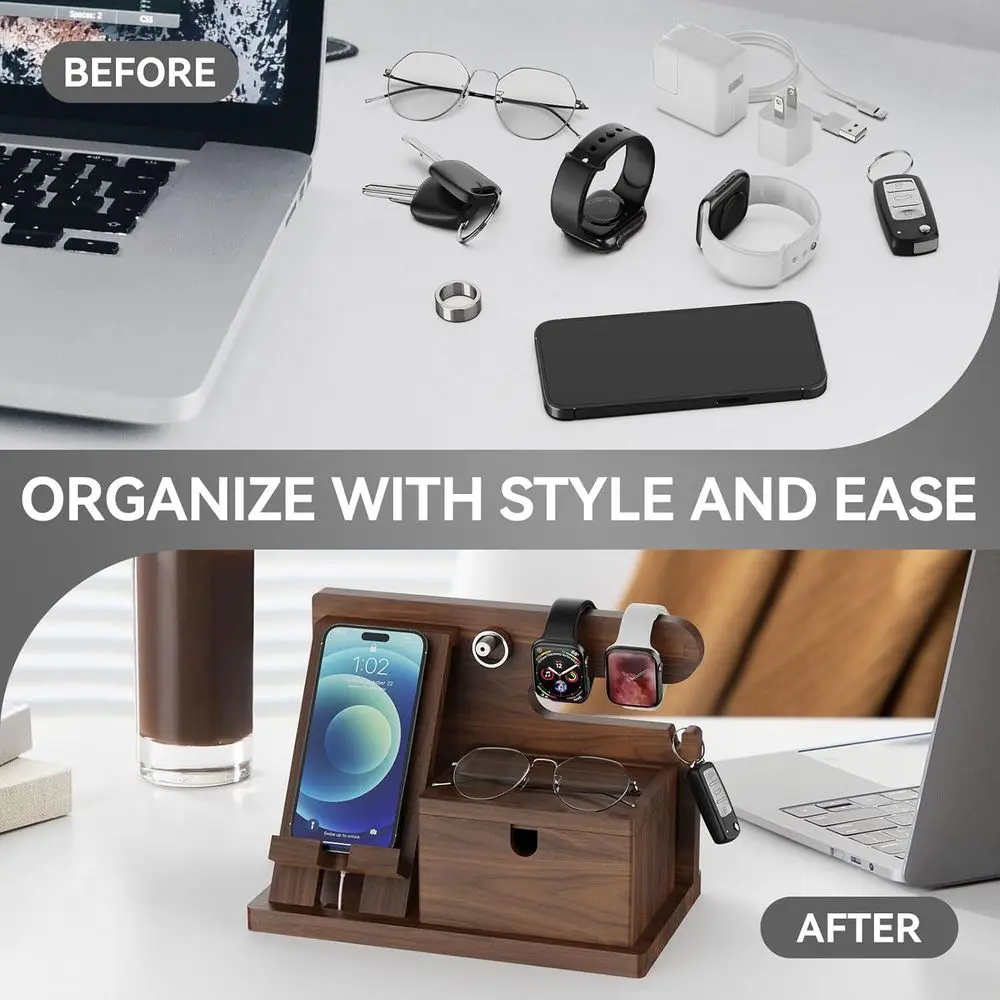 قاعدة شحن لاسلكية من خشب الجوز، منظم منضدة للهواتف والساعات، هدية مثالية للرجال والنساء #5