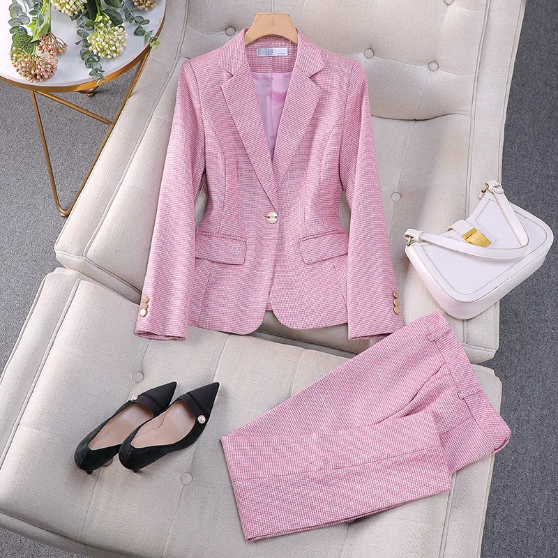 

Office Ladies Formal Pant Suit 2 Piece Set Women Pink apricot Female Long Sleeve Business Work Wear Blazer Jacket And Trouser