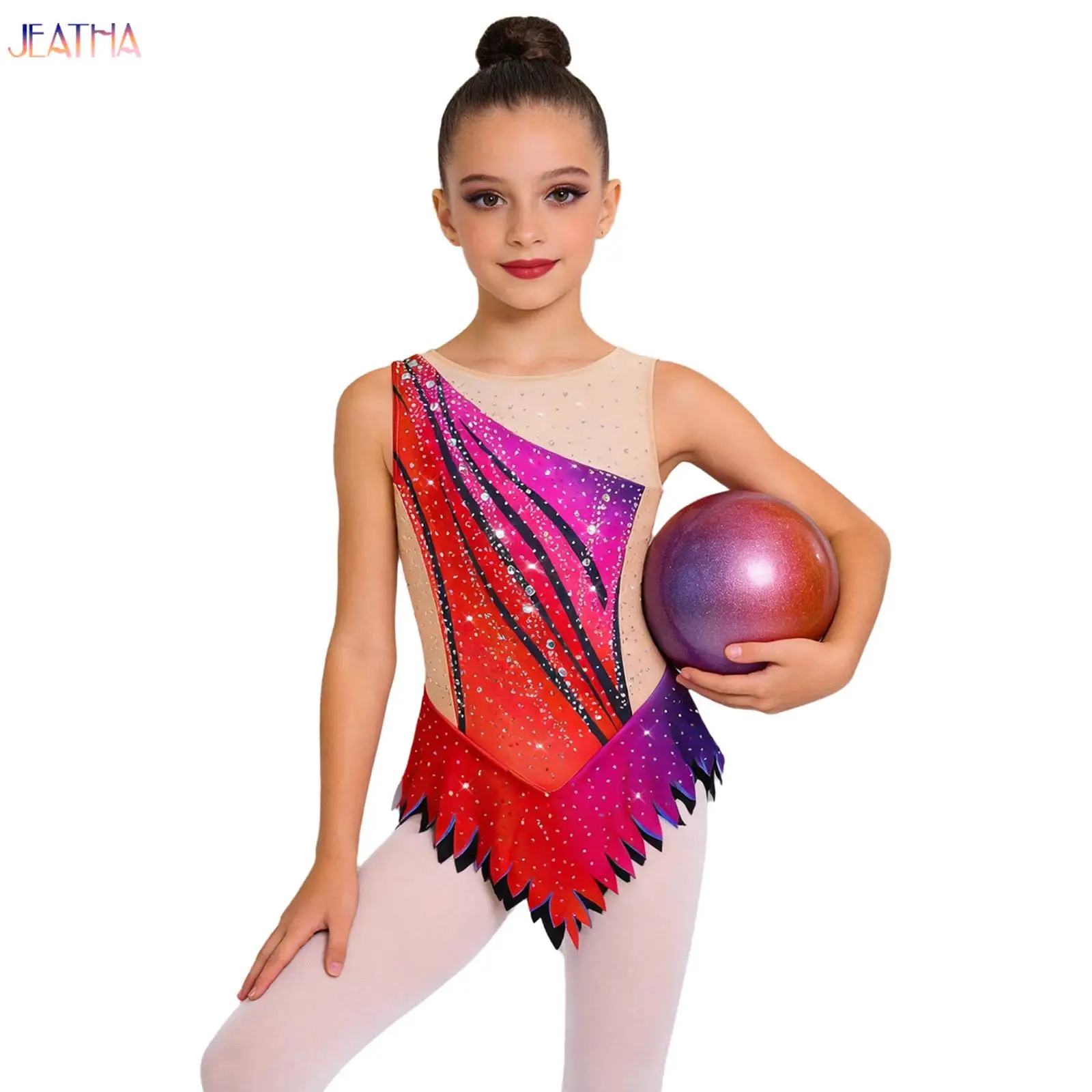 Maillot de Gimnasia Rítmica para Niñas, sin Mangas, con Botones en la Entrepierna, con Pedrería, Diseño Color Block, para Competencia y Actuación