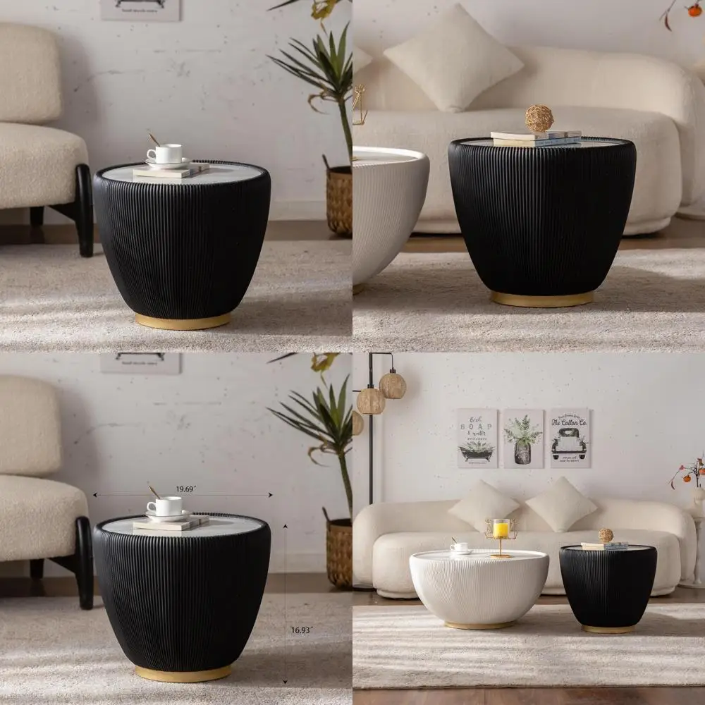 Tavolino da caffè moderno a forma di tamburo con piano in pietra sinterizzata e lato scanalato in pelle PU da 19,7 pollici