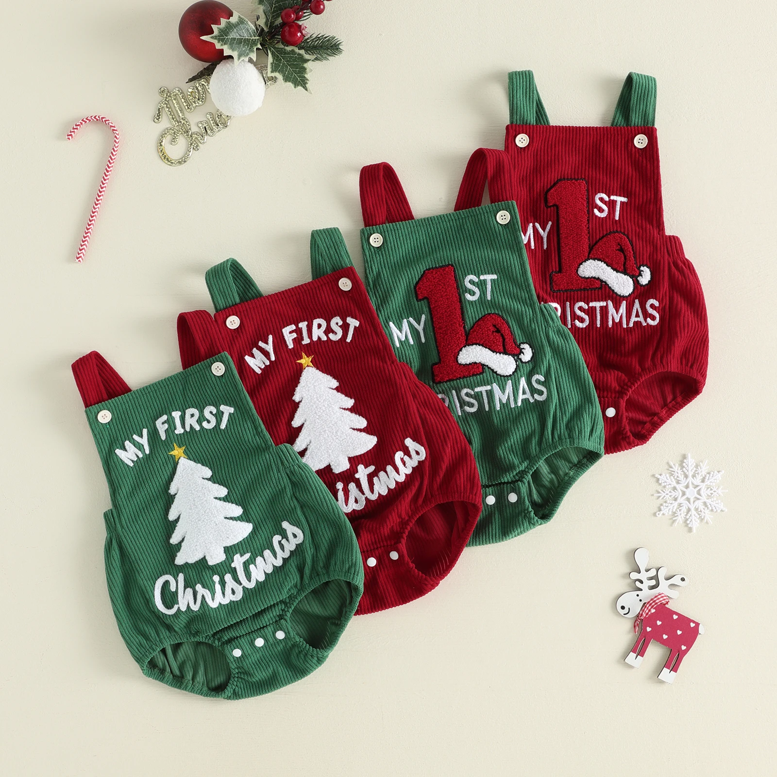 Baby Girl First Christmas Overalls Sleeveless Santa Hat Embroidery Romper Xmas Corduroy Bodsuits Costume