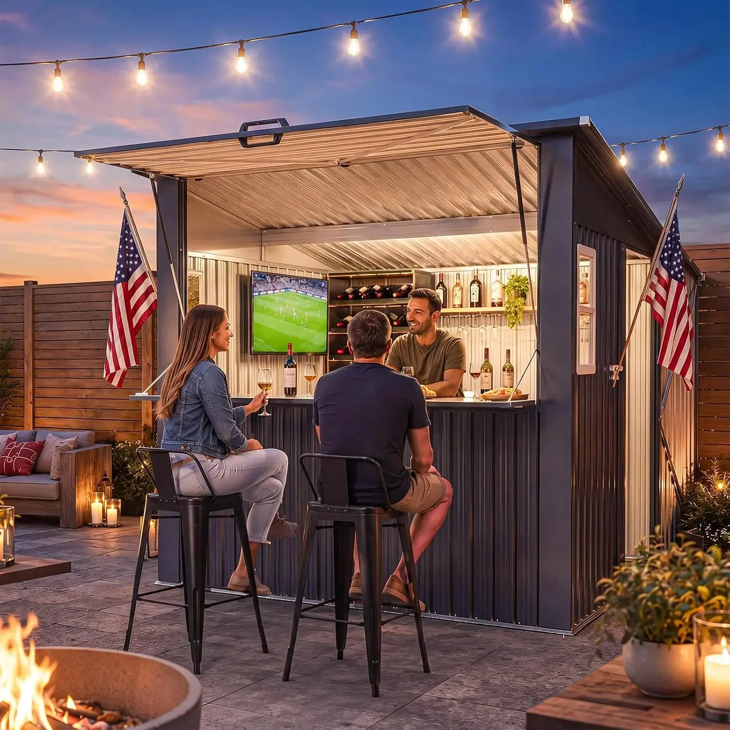 8x7 FT Outdoor Bar Shed with Canopy, Heavy Duty Backyard Patio Grill Shelter, Black, Customized