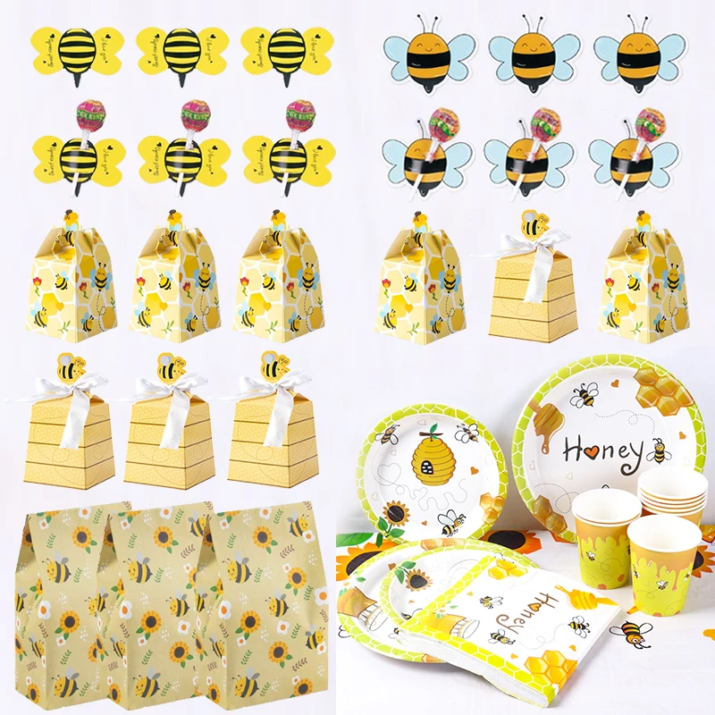 Bee Theme Party Supplies Kids Birthday Party Decoration Honey Bee Disposable Tableware Set Candy Box Gift Bag Baby Shower Decor