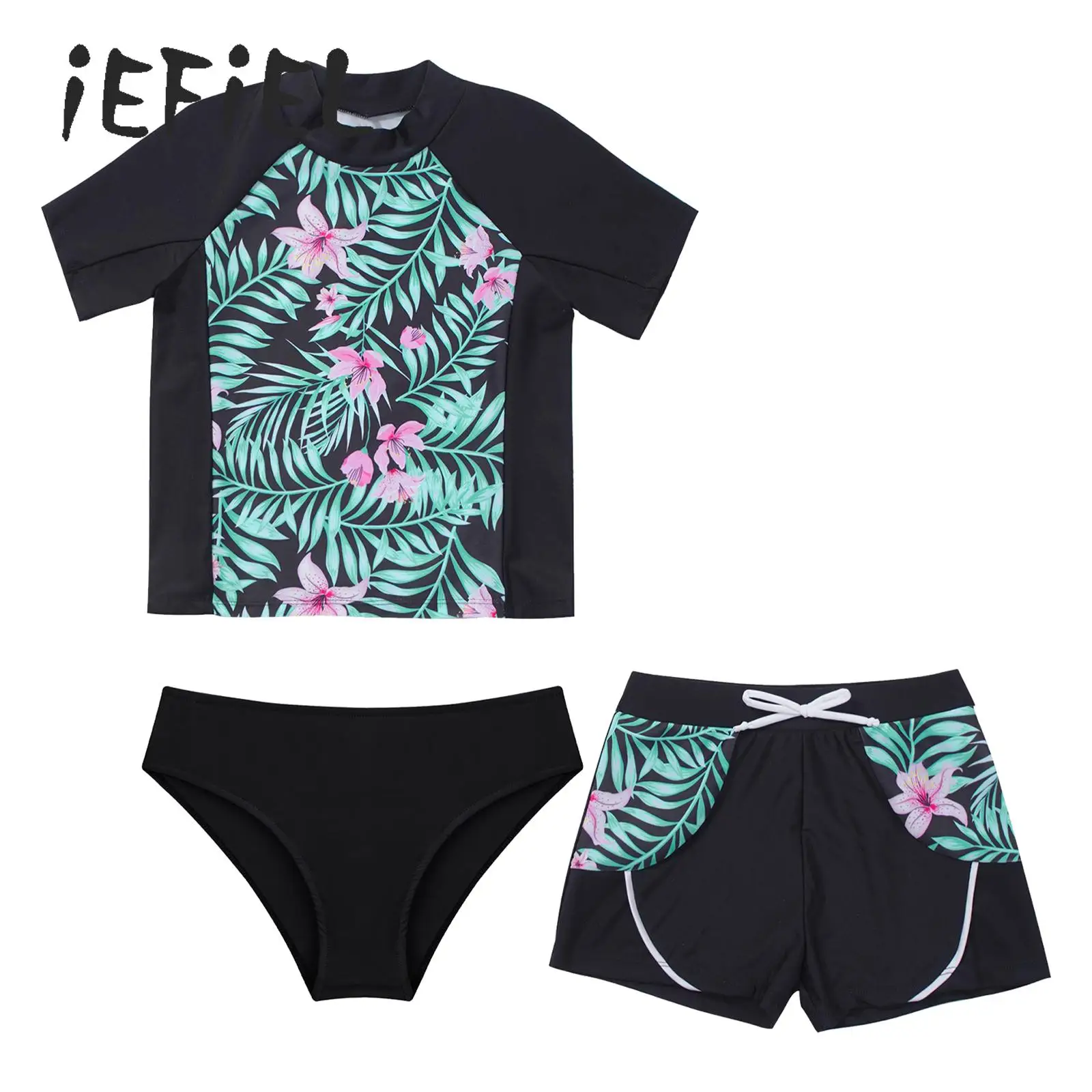 Kids Girls UV Swimsuit 3-Piece Swimming Set Sun Protection Short Sleeve T-shirts Top and Boy Shorts Bikini Briefs Swim Suits