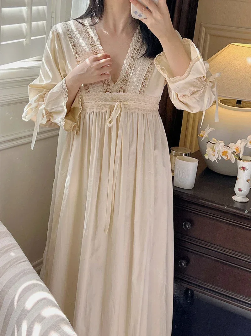 Women Vintage Princess Night Dress Spring Autumn Pure Cotton V-Neck Ruffles Lace-Up Victorian Fairy Sleepwear Pajamas Nightgowns