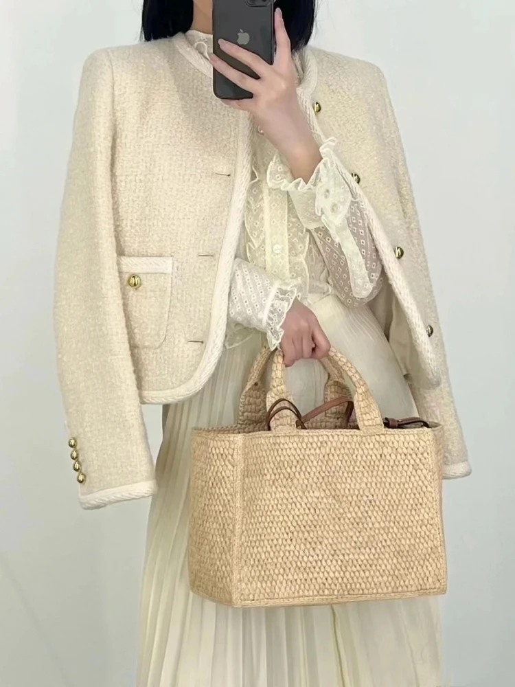 UXST Long Strap Straw Handbag Vintage Beach Woven Basket Bag Cowhide Patchwork Raffia Tote Bag Coin Purse Composite Shopping Bag