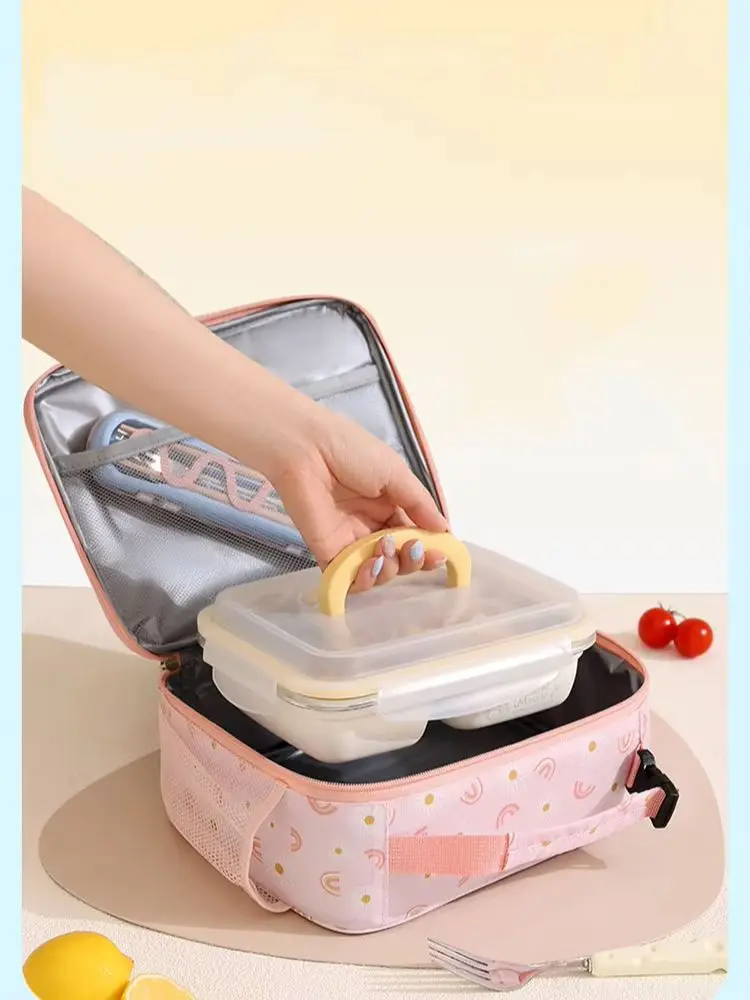 Niedliche, rosa Schleifen-Lunchtasche für Kinder – wärmeisolierende und kühlende Tasche – tragbare Handtasche – für den Schulgebrauch. – Detail 5