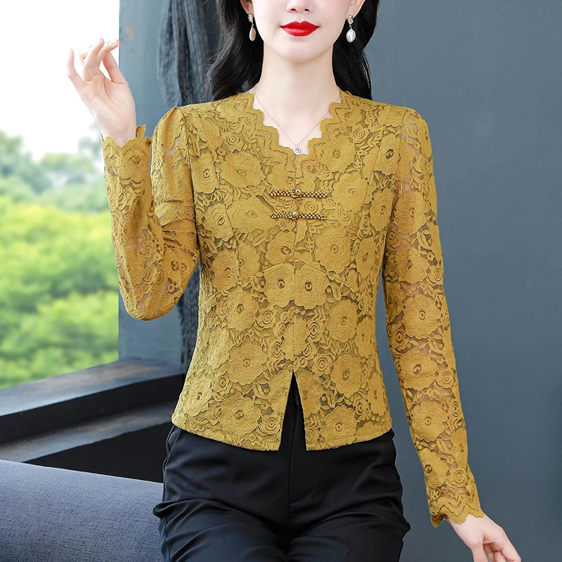 Chinese style Women Lace Shirt Retro Long sleeve Pullovers Blouse New Fashion Crochet Hollow out Casual Tops