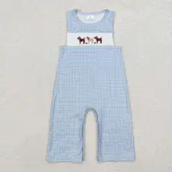 new rts fashionable boys romper wholesale infant boys puppy pattern blue plaid fall onesie