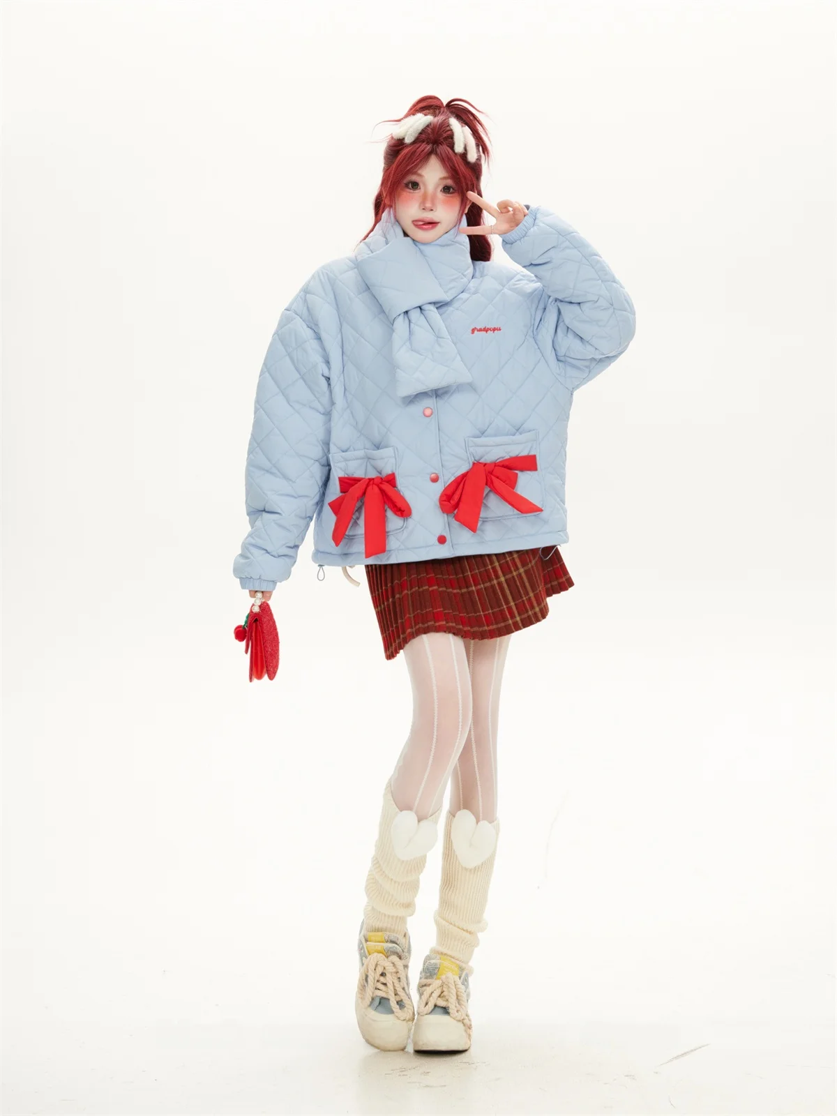 Dopamine Milk Blue Unique Short Women's Cotton Jacket with Scarf Rhombus Pattern Winter Coat Button up Korean Style Thickened