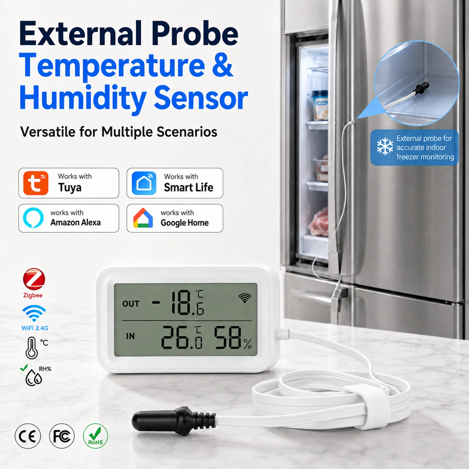 External Waterproof Probe Temperature Humidity Sensor Tuya WiFi LCD Thermometer Hygrometer For Fridge Aquarium Pool Alexa