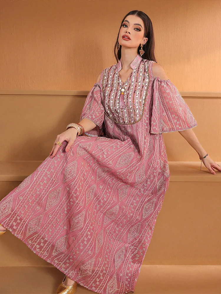 Moda feminina lantejoulas maxi vestido dubai abaya muçulmano bordado vestidos ramadan kaftan turquia robe caftan marocain femme jalabiya