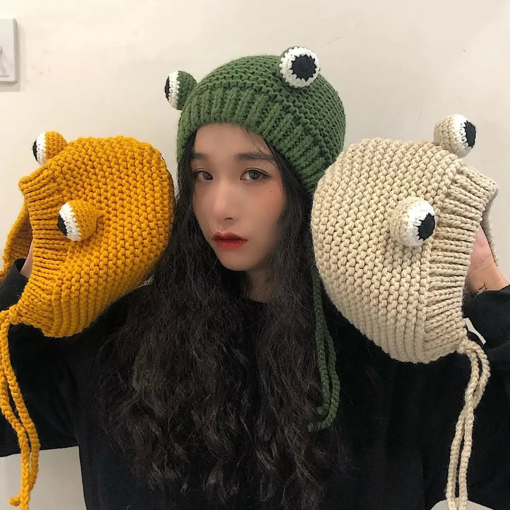 Fashion Crochet Knitted Frog Headband Bonnet Cartoon Earflap Cap Knitted Cap Photo Props Cute Big Eyes Frog Hat Women