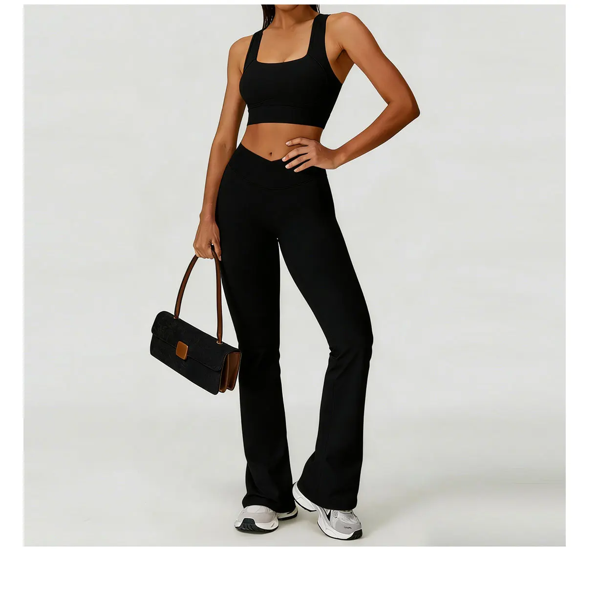 Women Outdoor Fitness Yoga Two Piece Set Nude-feeling High Shockproof Sports Bra High Waist Flared Pants For Running Pilates