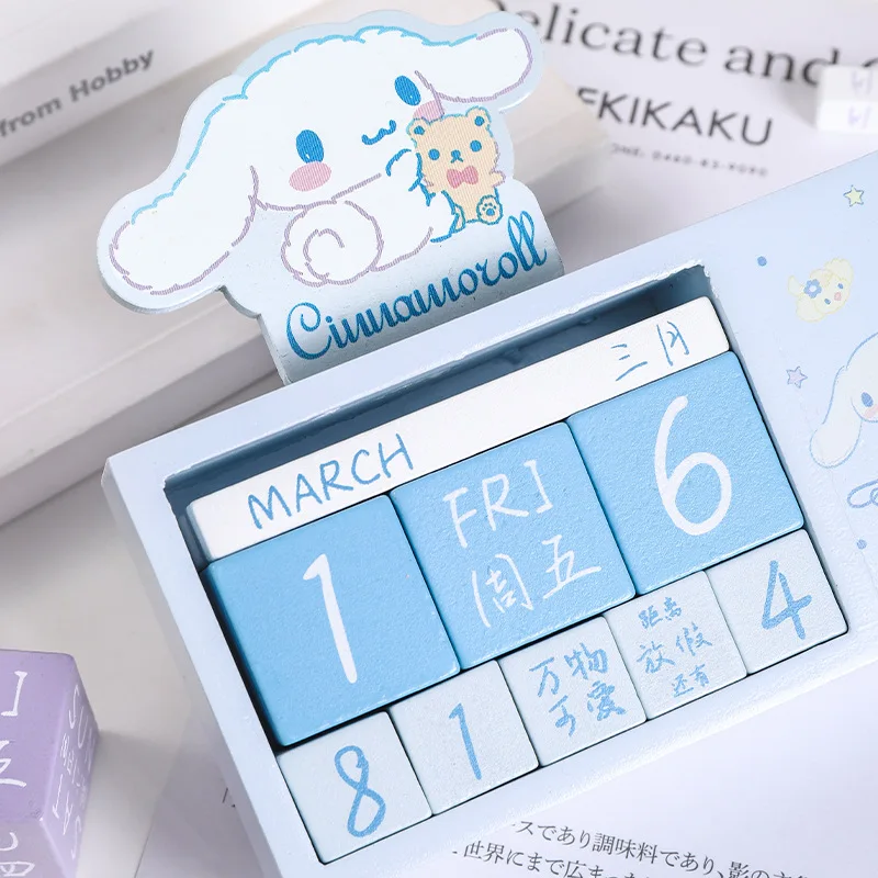 Imagem -03 - Sanrio Anime Kuromi Calendário de Madeira Hello Kitty Pacha Dog Criativo Cute Table Decoration Mini Table Calendar Kids Birthday Gifts