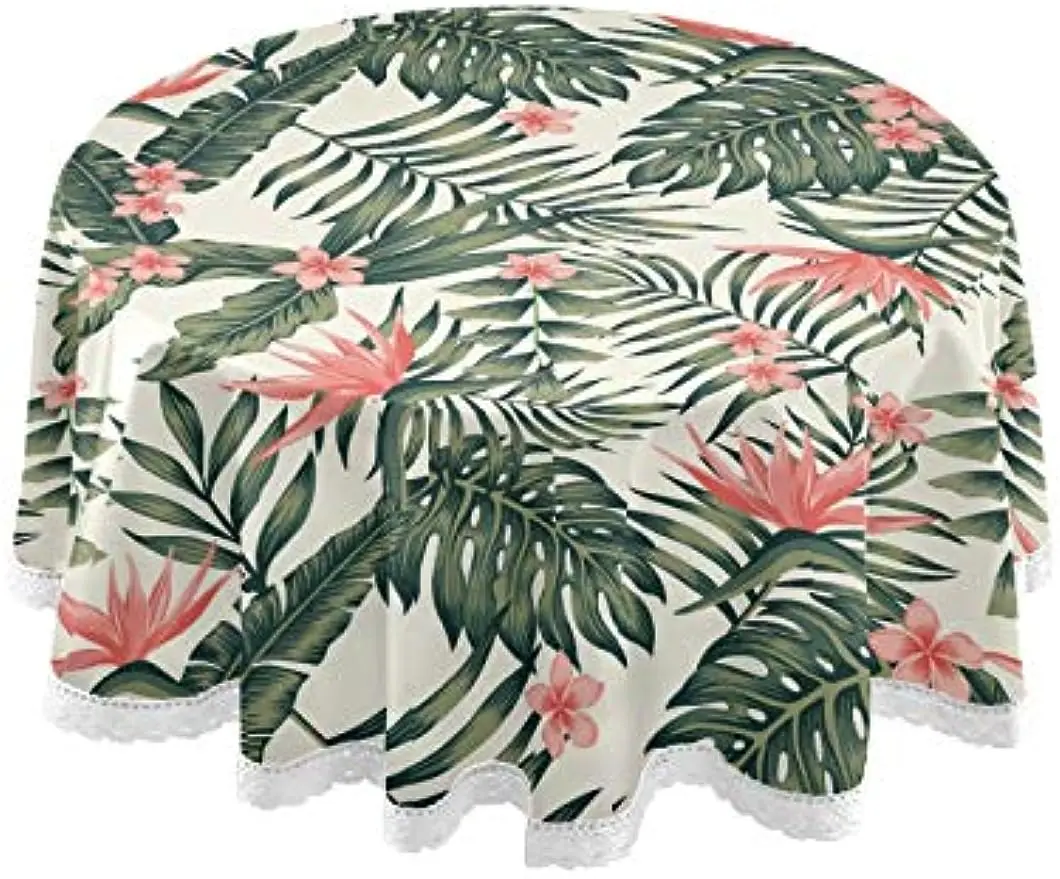 Round Tablecloth 60 Inch Washable Polyester Table Cover Lace Palm Tree Leafs and Strelitzia Reginae Birds of Paradise Party