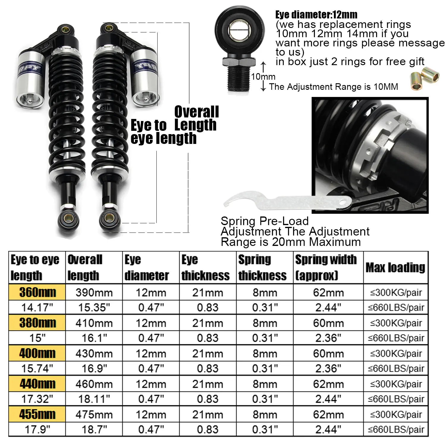 400mm 380mm 360mm 440mm Shock Absorbers Motorcycle Motorcross Moto Accessories Suspensation Protector Bike Dirt Quad Scooter ATV