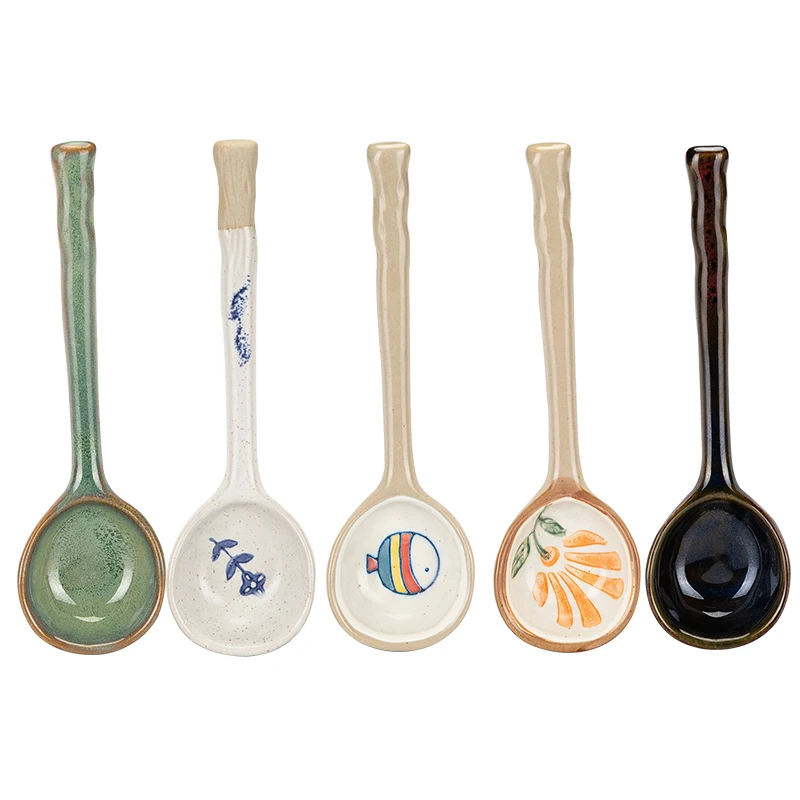 Japanese Ceramic Soup Spoon Long Handle For Ramen Noodle Soup Heat Resistant Teaspoon Kitchen Tableware Utensil