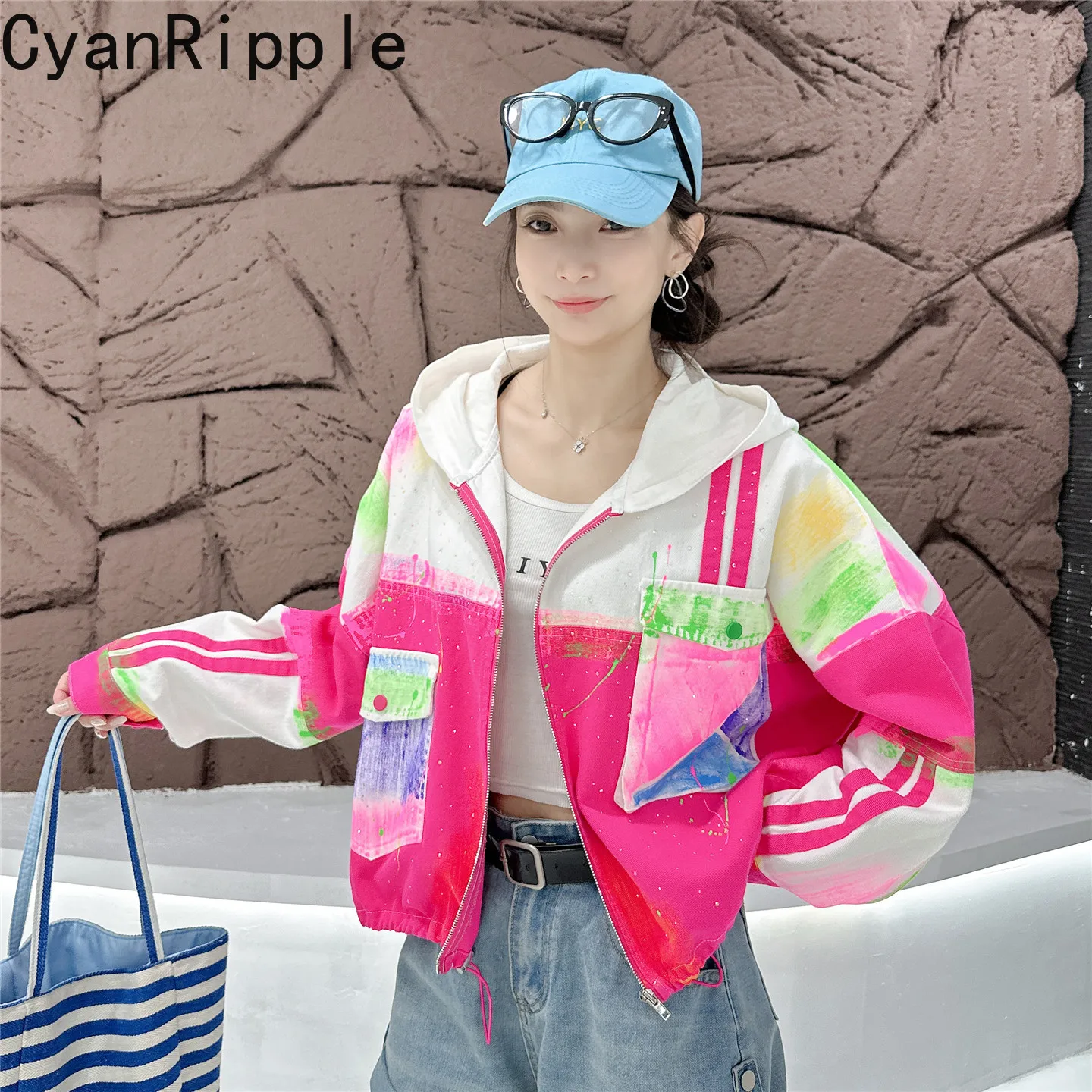 Tie-dye Color Blocking Hot Diamonds Oversize Women Denim Jacket New Spring Autumn Zip Hooded Cardigans Top Hip-hop Short Coats