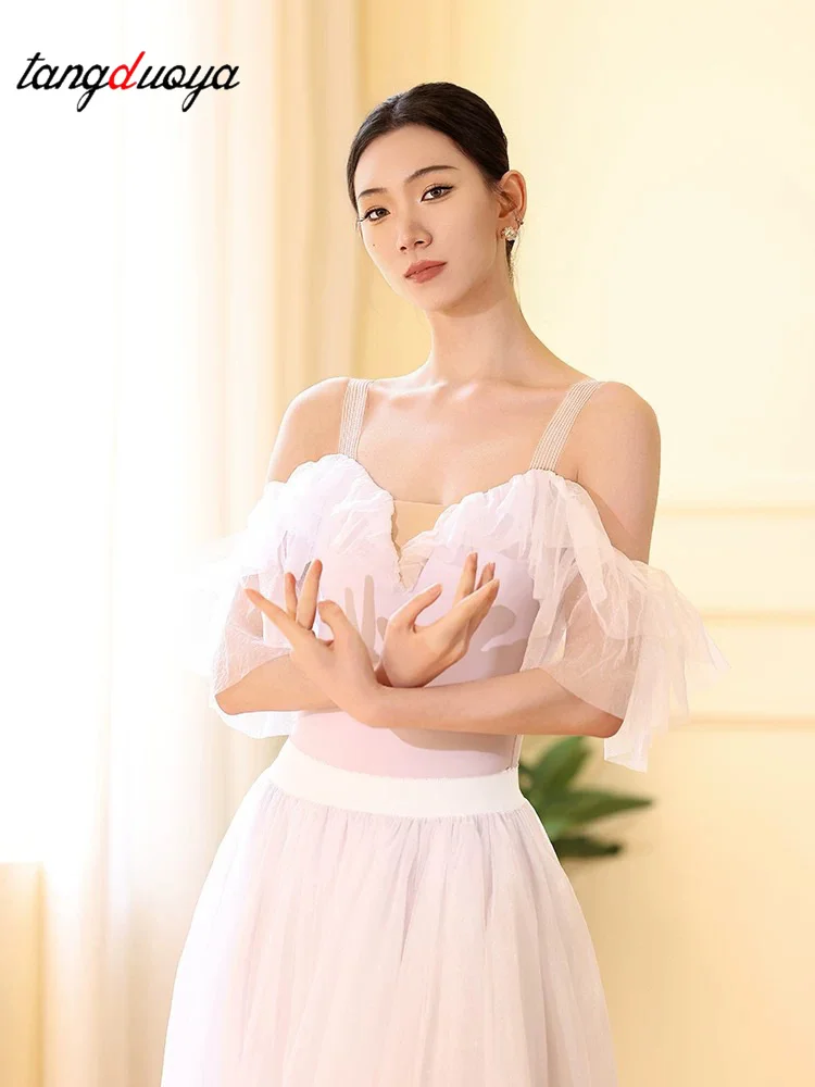 New Women Ballet Leotard Adult Soft Strap Fairy Short Sleeve Stretch Camisole Gymnastics Leotard Bodysuit Swimwear Dancewear