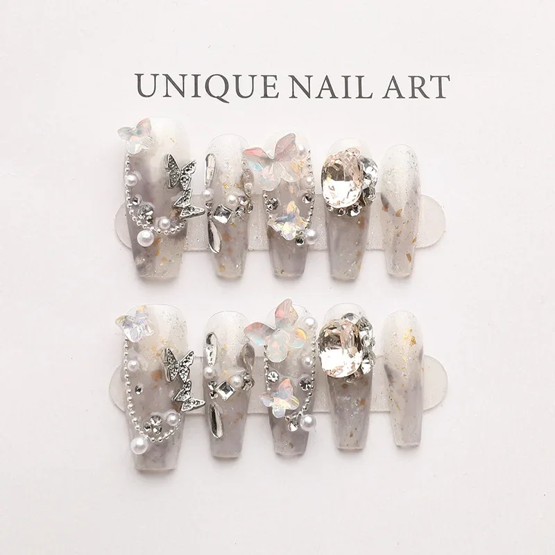 

Luxurious Clear Press On Nails Grey Large Rhinestones and Pearl Decorations Handmade Reusable Nail Tips for Weddings and Ballet