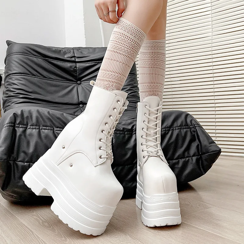 17cmHeight Increasing Women's High Boots Black Leather Thick Bottom Platform Shoes Side Zip Gothic Punk Short Boots Street Style