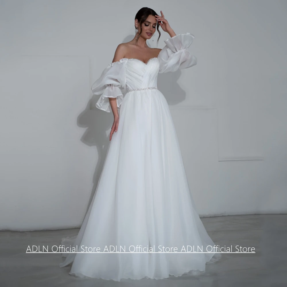 Customized Organza Wedding Dress Vestidos De Novia Puff Sleeves Sweetheart Pleated Beading Sweep Train Bride Gown for Lady