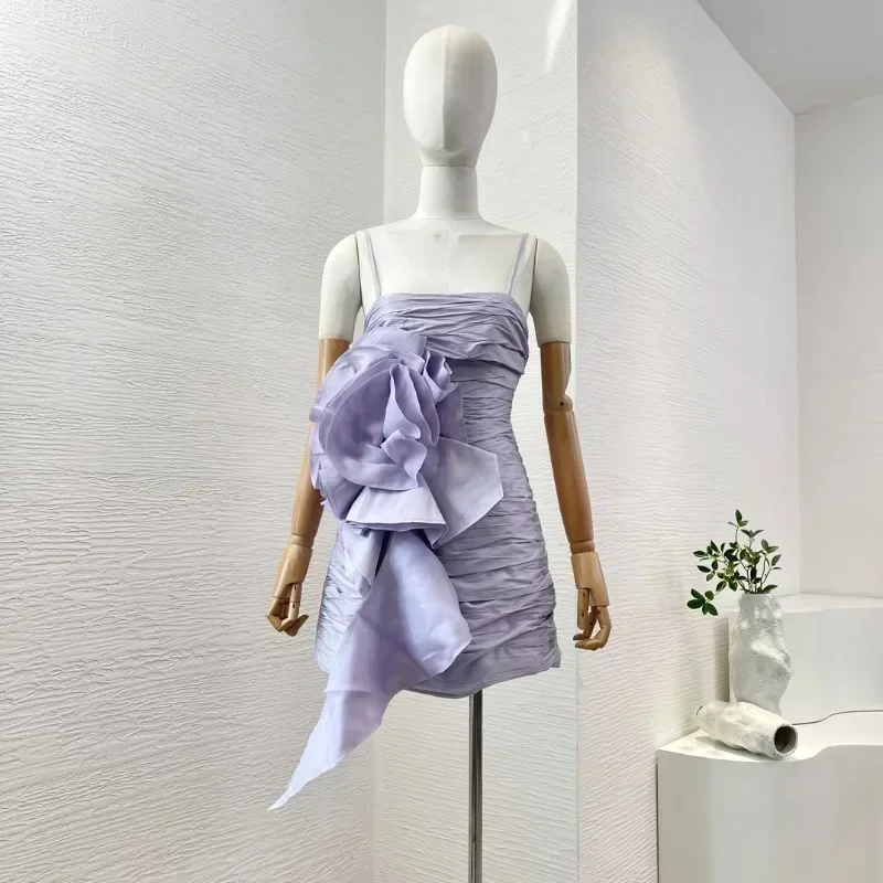 Top Quality 2025 New Arrivals Elegant Woman Sling Mini Dress Violet Purple Backless Flowers Appliqued Folds Summer Dresses