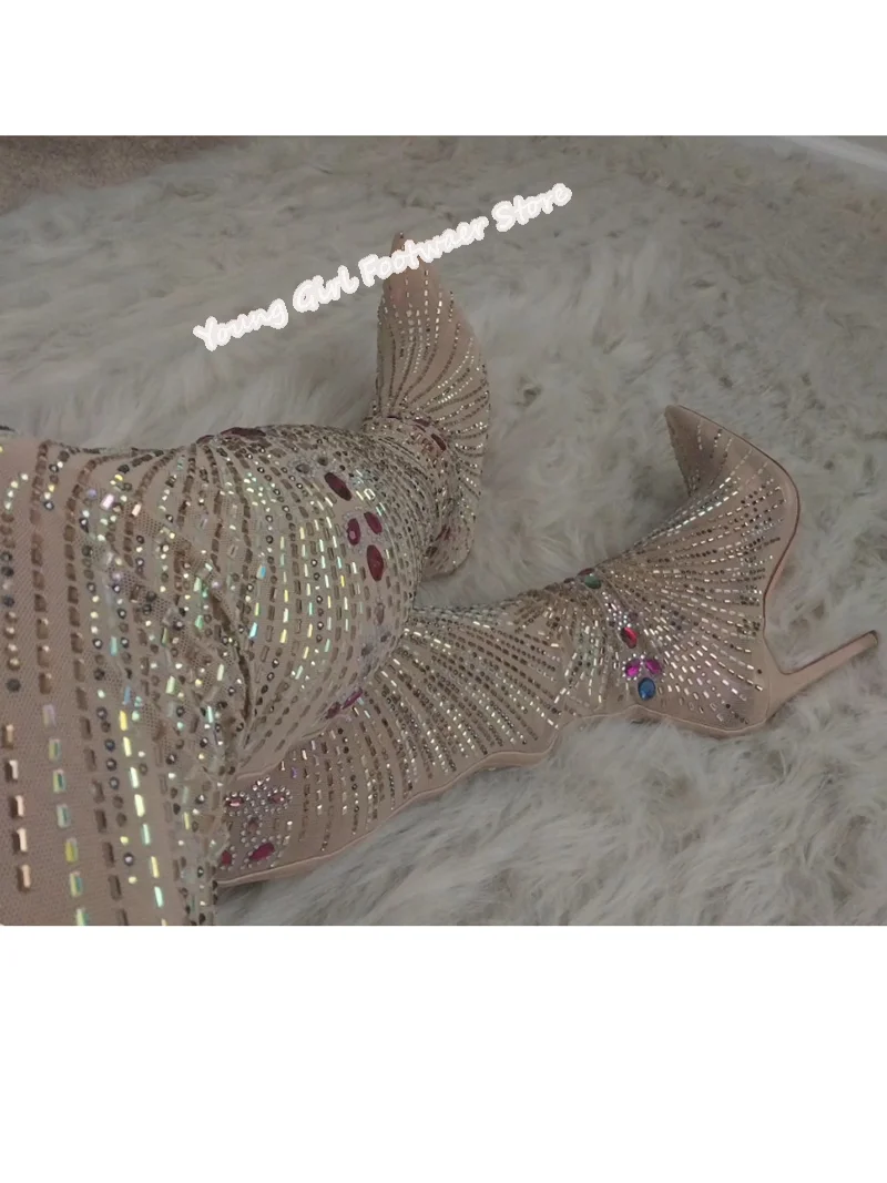 Europe Solid Color Decorated With Colorful Rhinestones Luxurious Over-The-Knee Boots Pointed Stilettos Thin Runway Elastic Boots