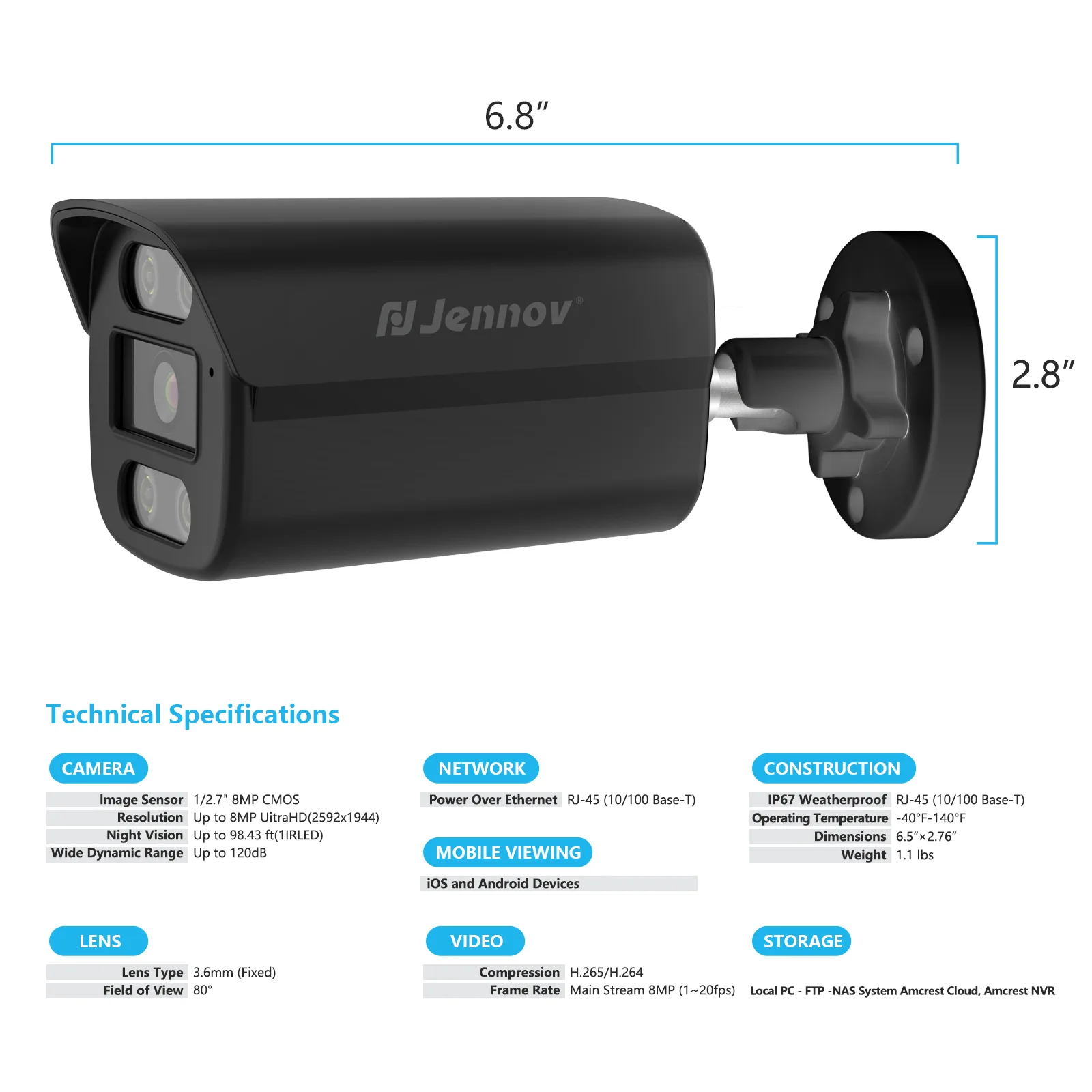 Jennov 8MP Dome IP POE 4K Security Add on Camera AI Detect Night Vision Recorder