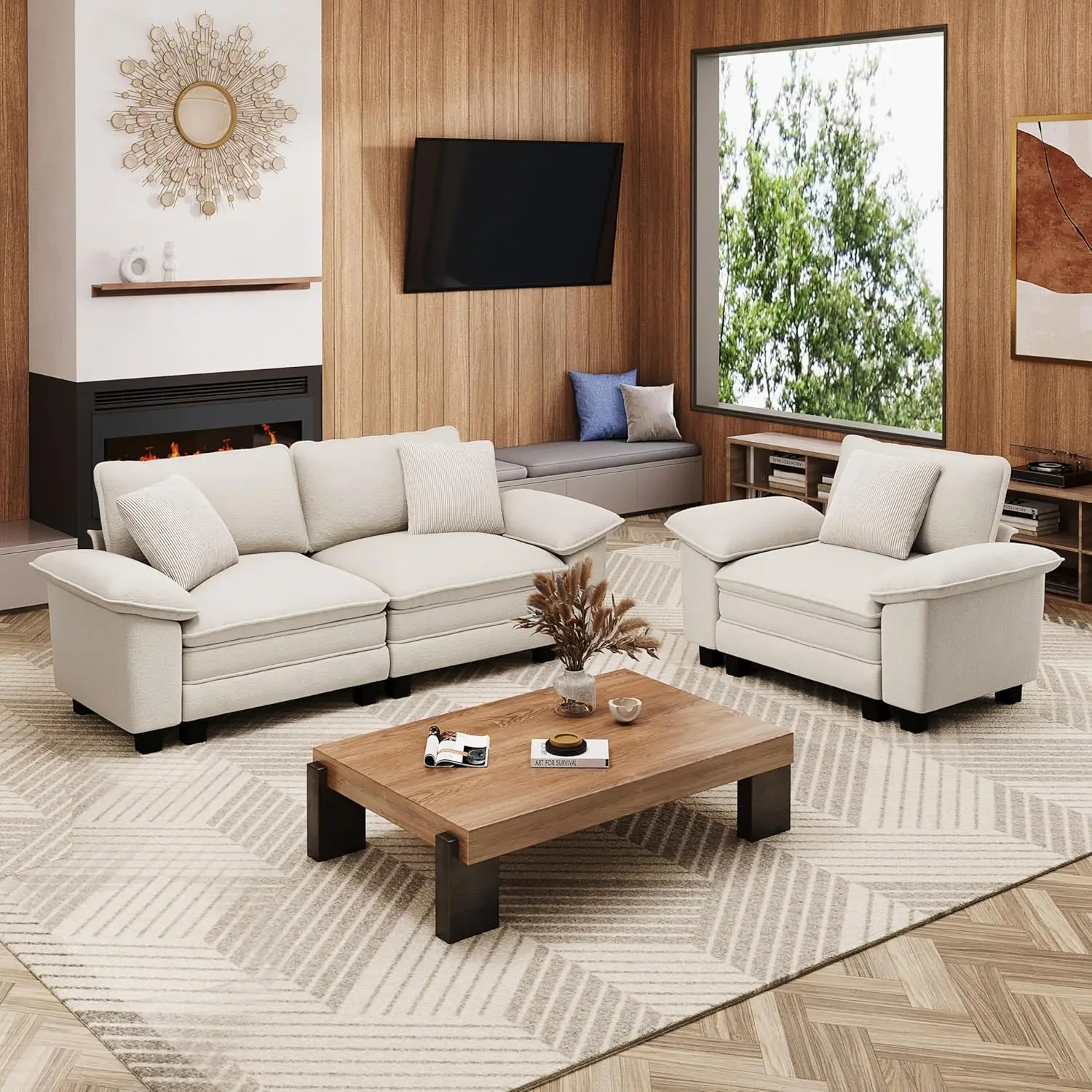 

L-Shaped Cloud Modular Sofa Set with Chaise, Deep Seat 3-Piece Sectional & Removable Arms, Plush Chenille for Living Room - Beig