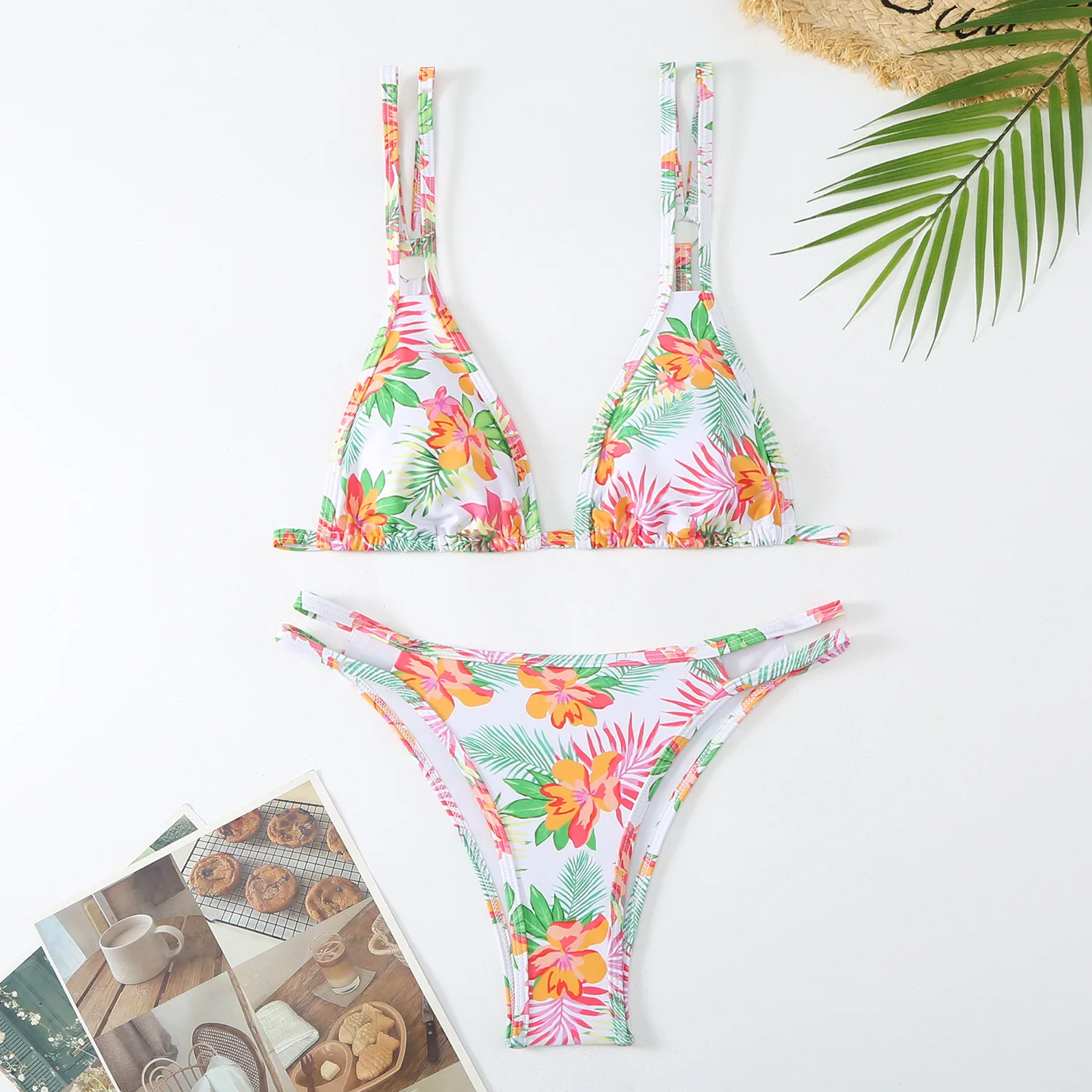 Fashion Flower Print Bikini Set 2024 Women's Beach Swimsuit Summer Vacation Swim Outfits Thong Suspender Backless Bathing Suit