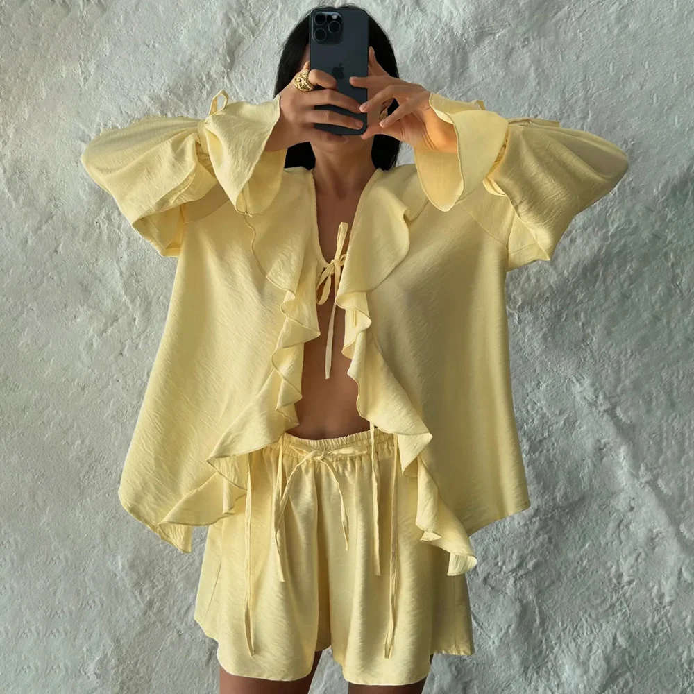 

Ticketsx Casual Ruffled Short Set Women's Lace Up V Neck Long Sleeve Top Loose Short Set Female Solid 2025 Lady Commute Outfit