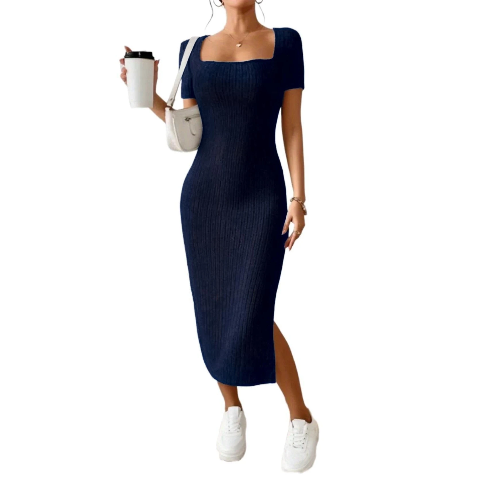 Summer New Fashion Women's Dress Sexy Slim Fit Slip on Knitted Soft Mяnyеlе Neckline Midi Skirt Elegant Style mid Waist