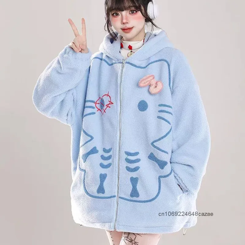 Sanrio Hello Kitty Cute Cartoon Lambhair Coat Women's Winter Japanese Style Harajuku Plush Coat Loose Thick Hooded Cotton Jacket